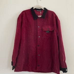Red corduroy button up collared shirt